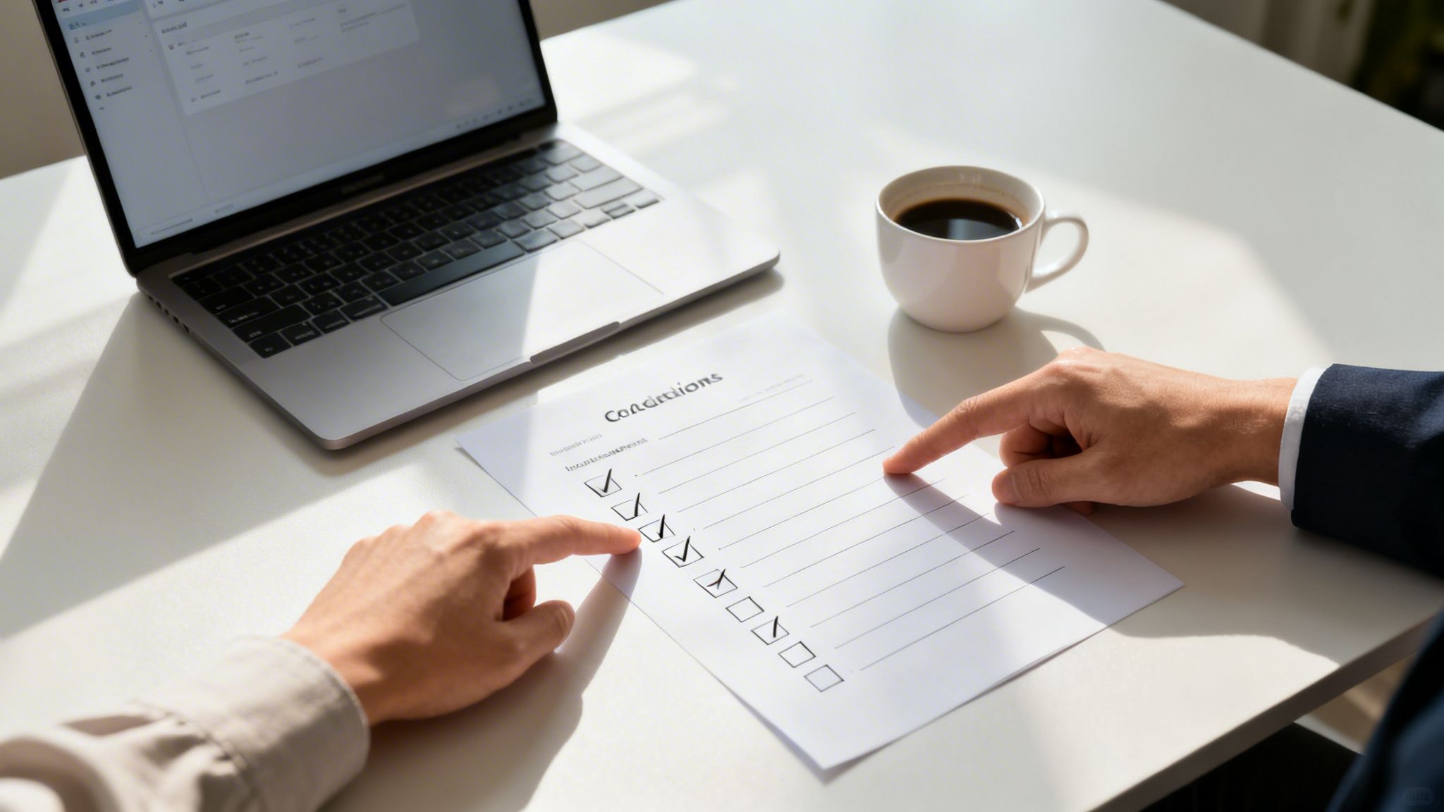 Two people reviewing a conditions document with checkboxes, a laptop, and a cup of coffee.