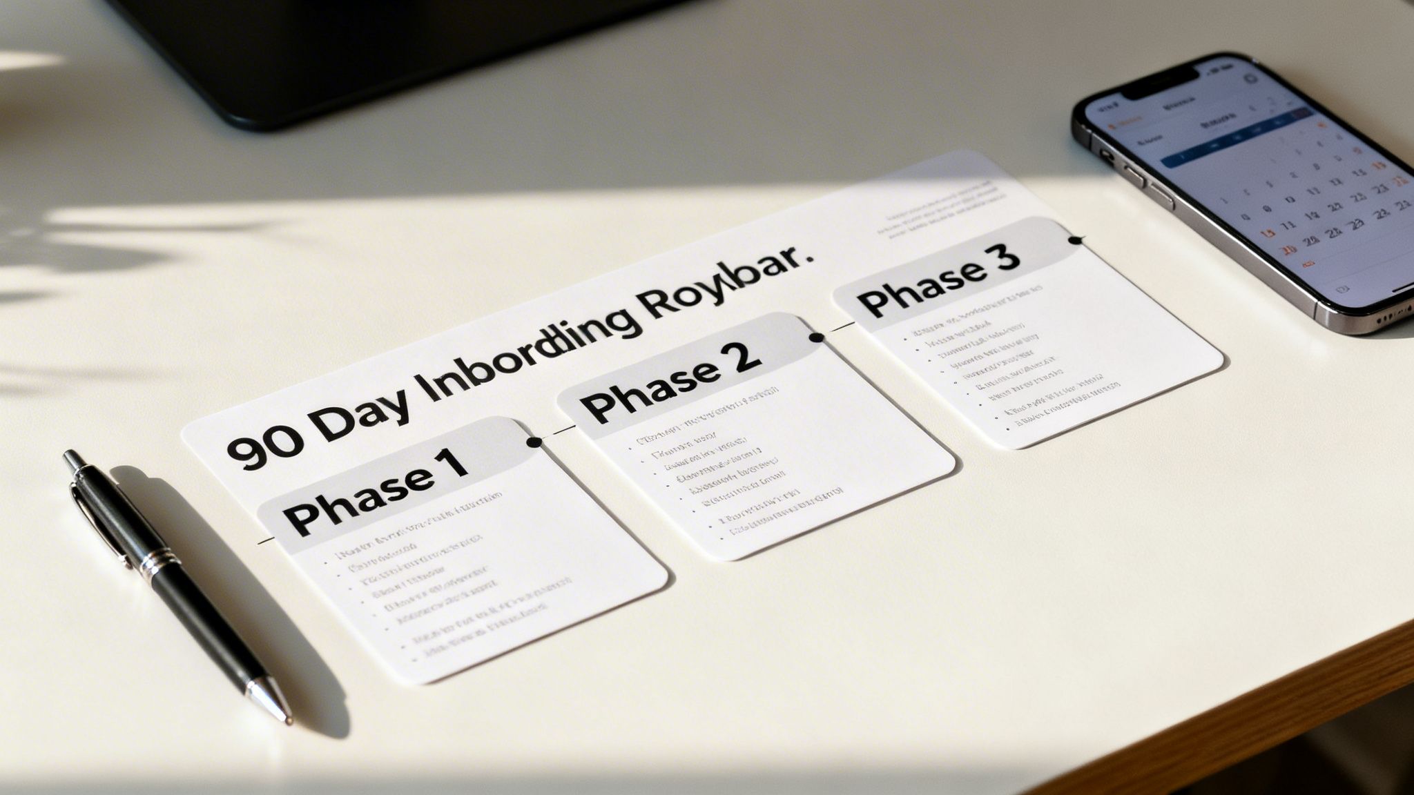 A 90-day onboarding plan document on a desk with a pen and a smartphone displaying a calendar.