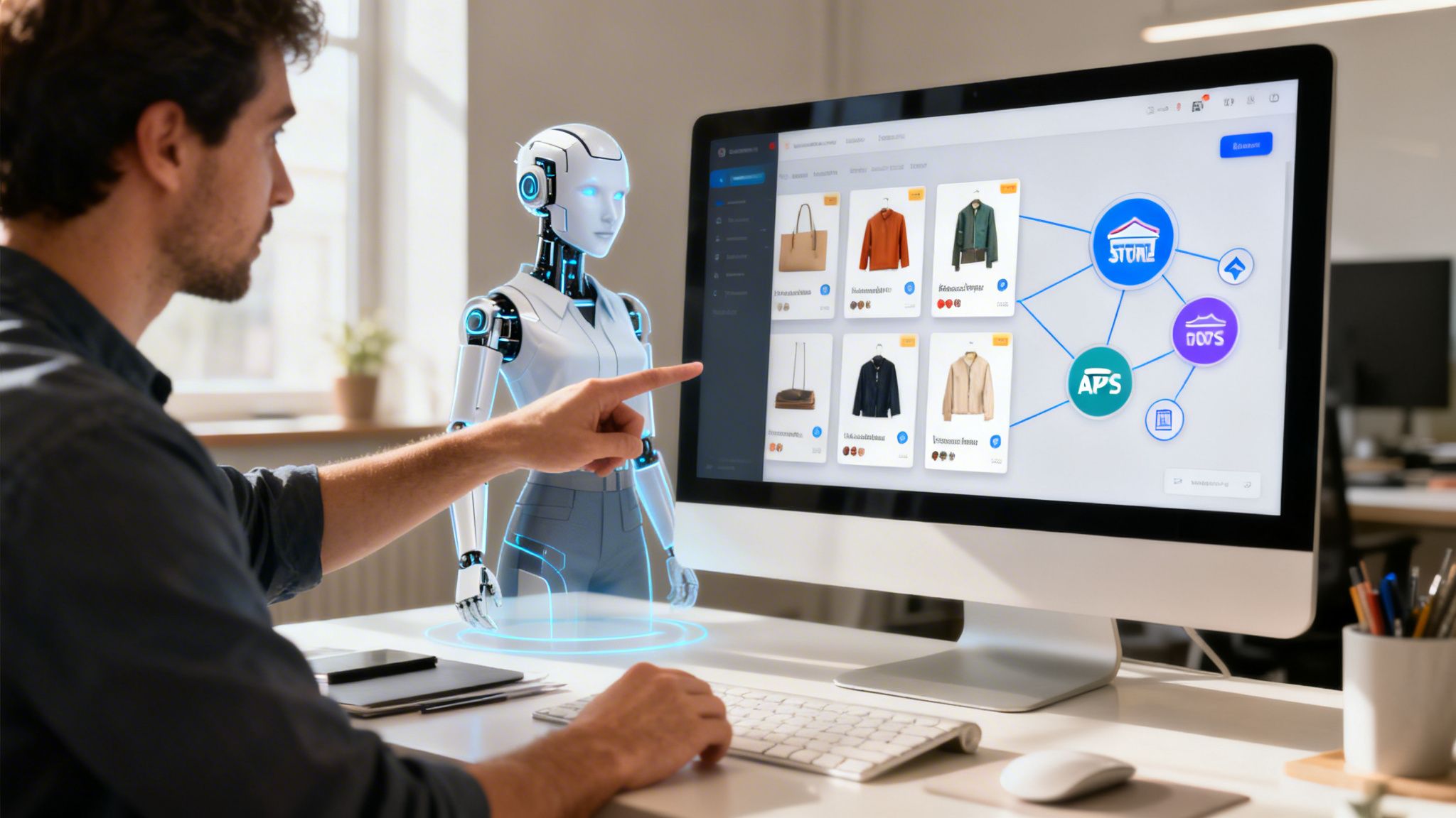 A man and a virtual AI robot collaborating on a computer screen displaying an e-commerce platform.
