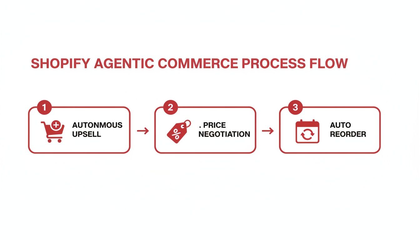 Shopify Agentic Commerce Process Flow with autonomous upsell, price negotiation, and auto reorder steps.