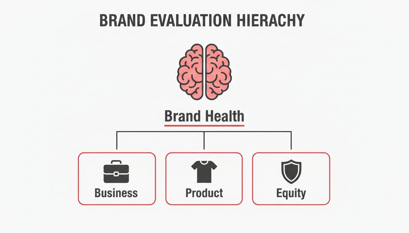 Brand evaluation hierarchy diagram showing Brand Health connected to Business, Product, and Equity.