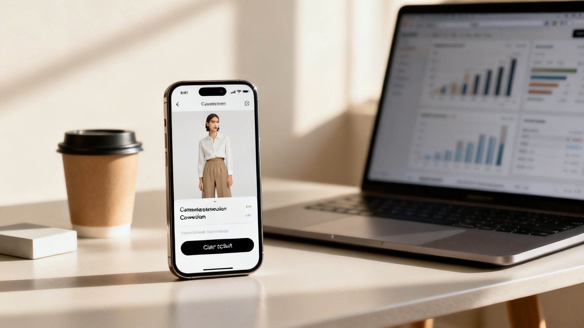 A smartphone displays a fashion item next to a laptop showing business charts and a coffee cup.