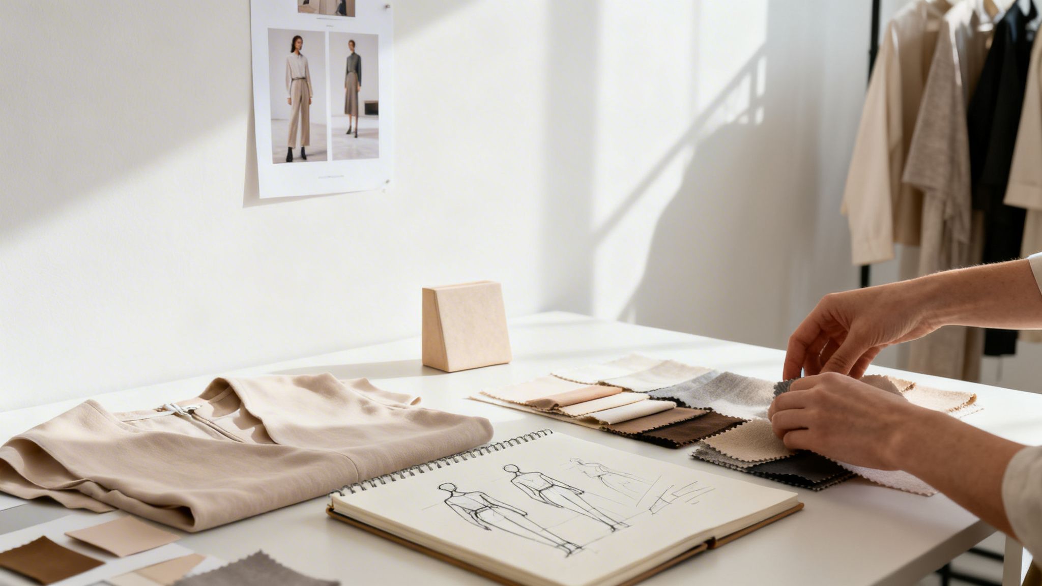 Hands selecting fabric swatches on a designer's desk with fashion sketches and a garment.