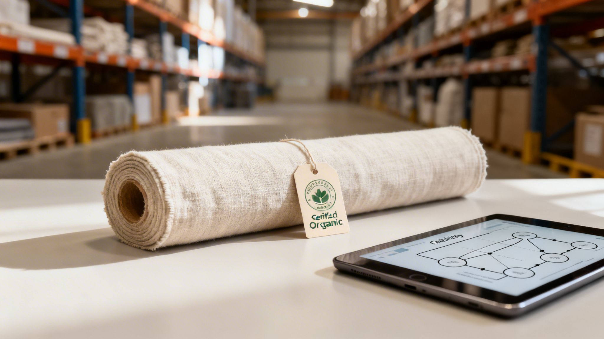 A roll of certified organic fabric with a tag, next to a tablet in a warehouse.