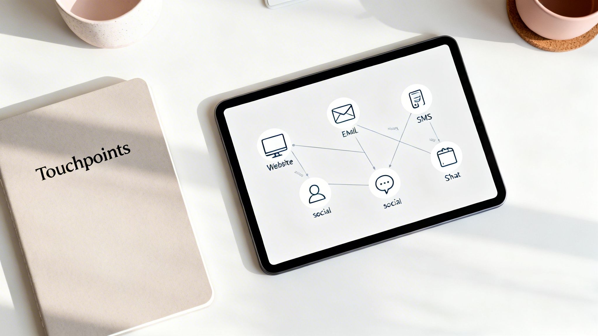 A tablet displays a customer touchpoints diagram on a desk, illustrating various digital communication channels.