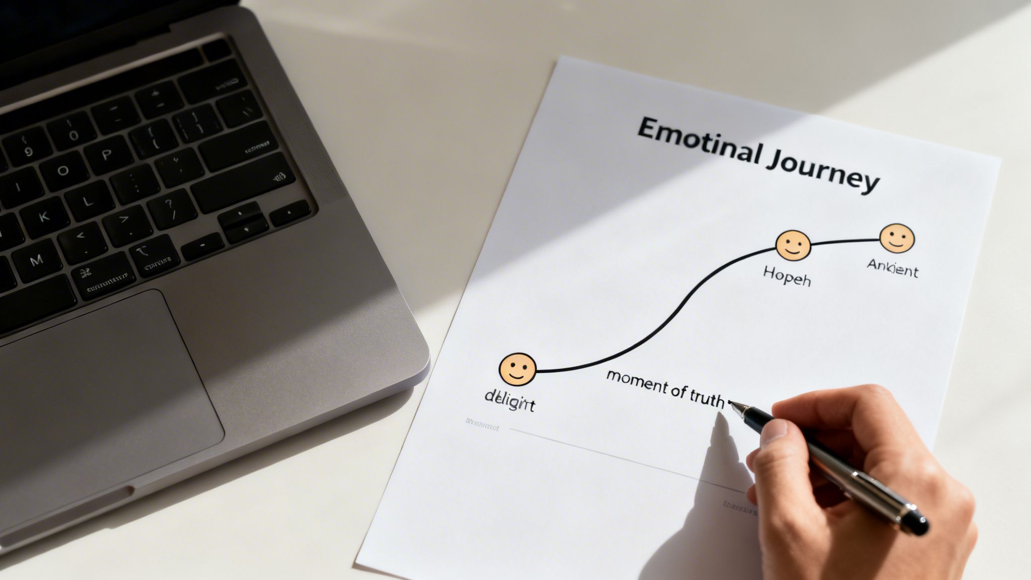 A person's hand with a pen pointing at an 'Emotional Journey' graph next to a laptop.
