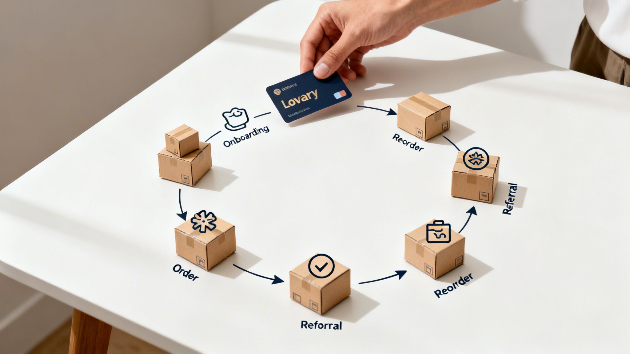A hand holds a Lovary card at the center of a circular customer journey mapping diagram.
