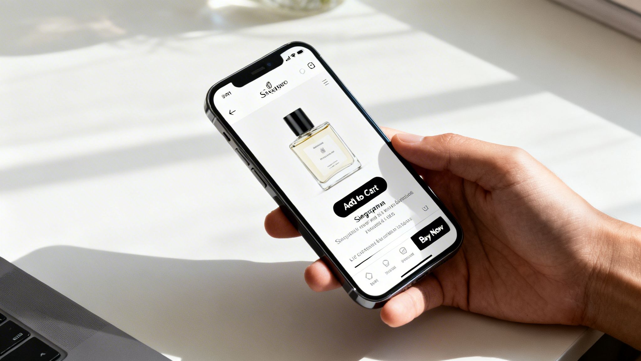 A person holds a smartphone displaying an e-commerce website with a perfume product page.