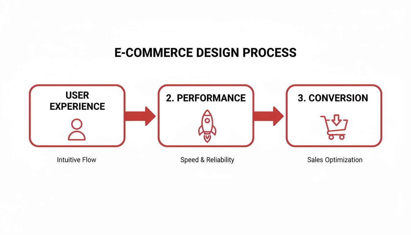 Flowchart showing the e-commerce design process: User Experience, Performance, and Conversion steps.