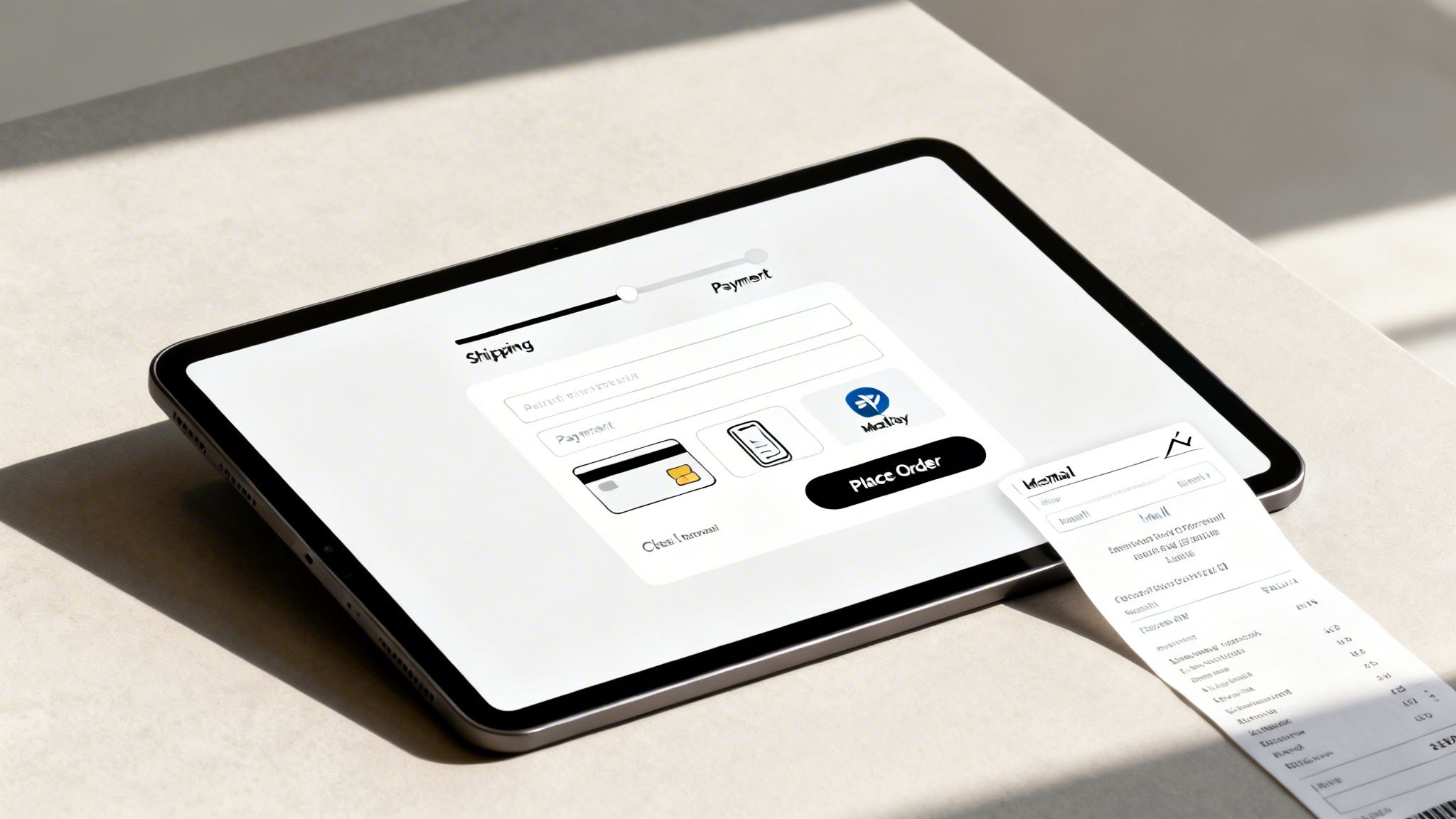 A tablet displaying an e-commerce payment page with credit card and mobile payment options, next to a receipt.