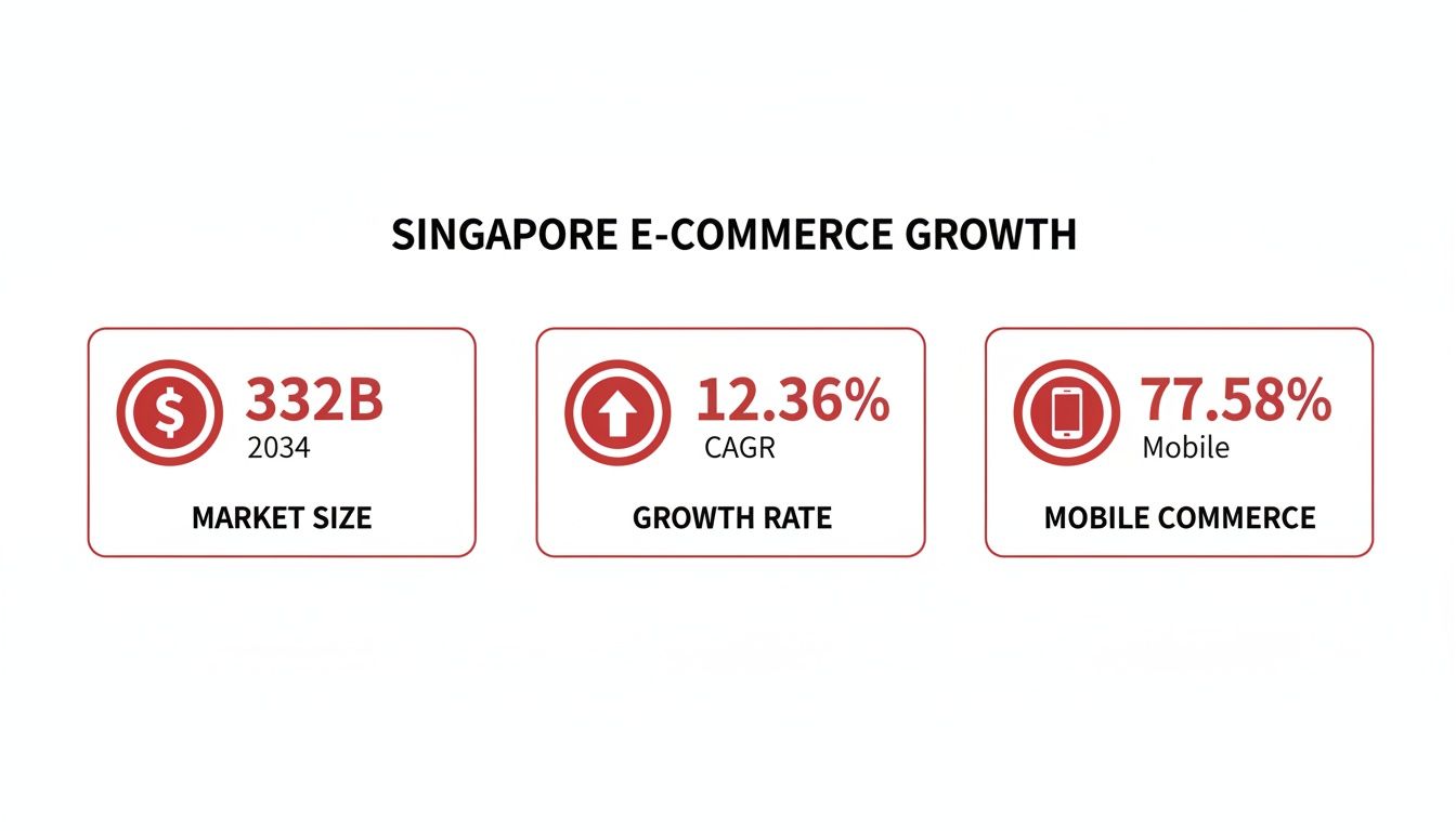 Infographic showing Singapore e-commerce growth statistics: market size, growth rate, and mobile commerce.