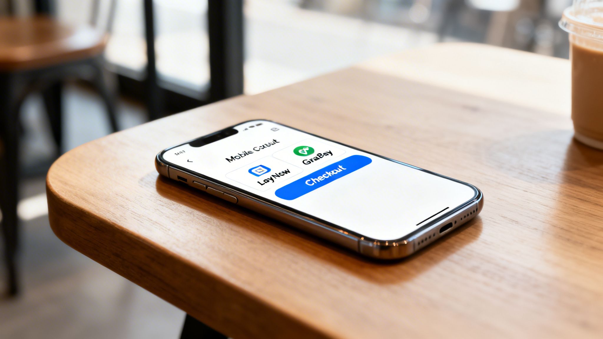 Smartphone on a wooden table displaying a mobile e-commerce checkout screen with payment options.