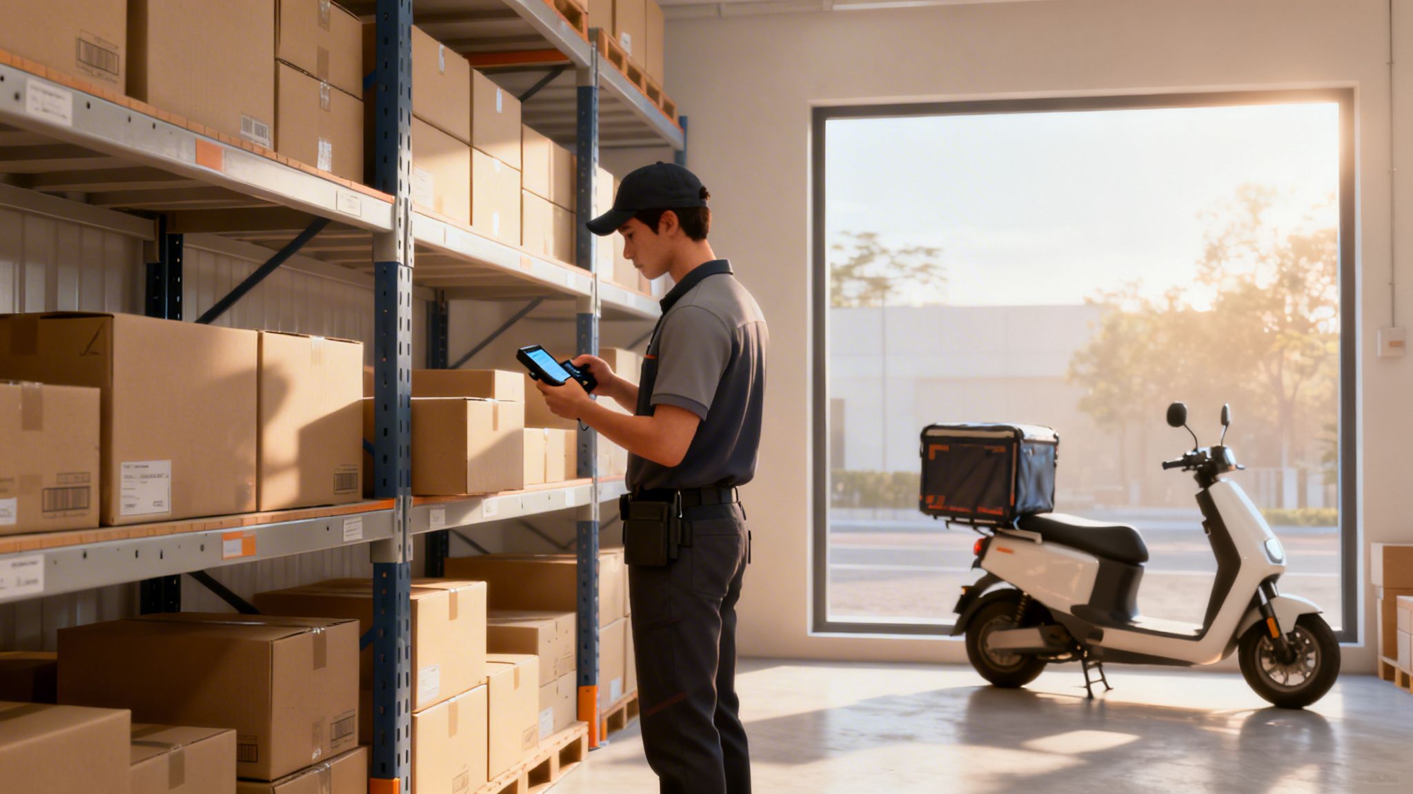 A delivery worker scans boxes on shelves in a modern warehouse, with a scooter visible through a window.