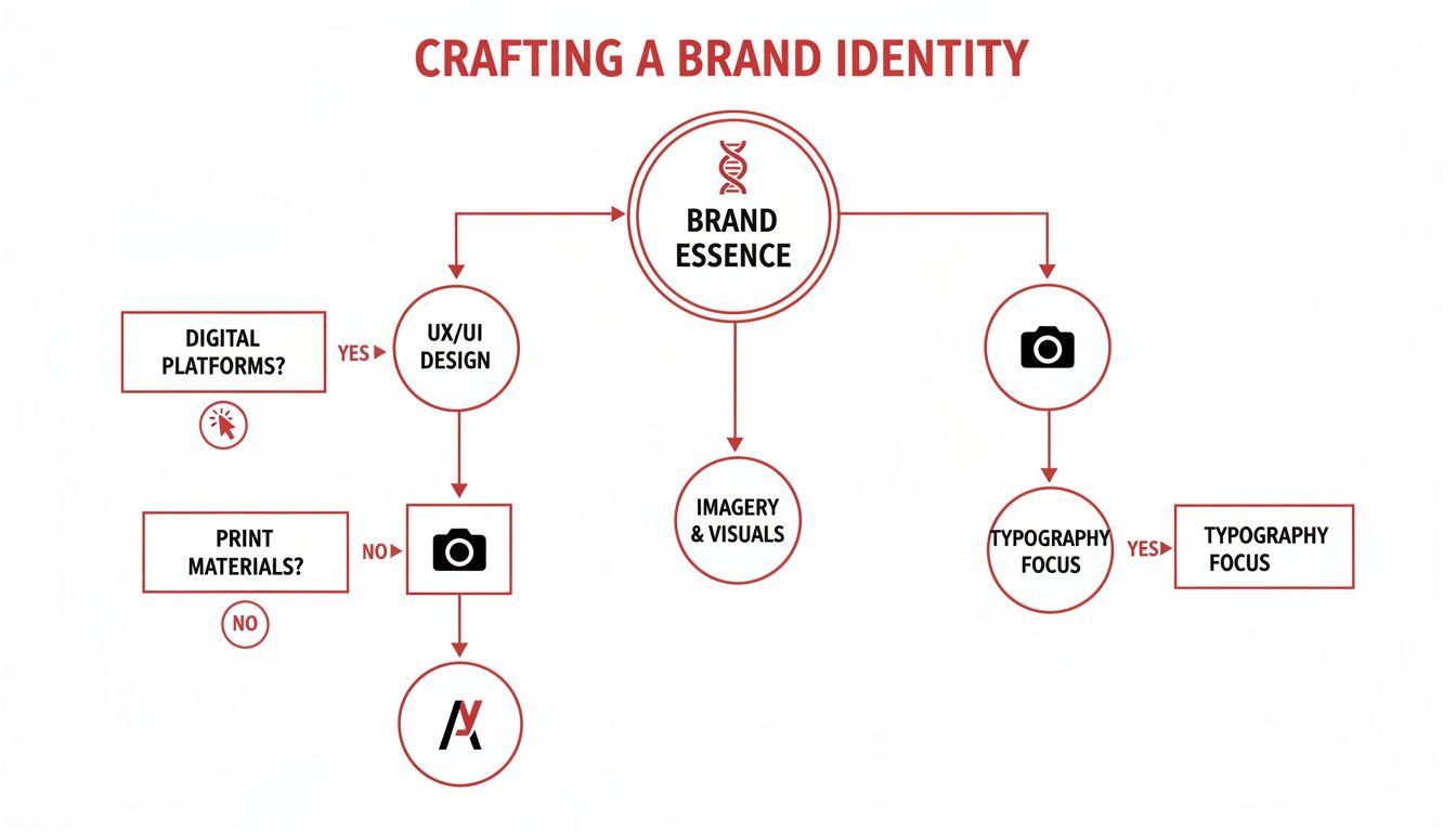Flowchart detailing the process of crafting a brand identity, from essence to digital, print, and visual elements.