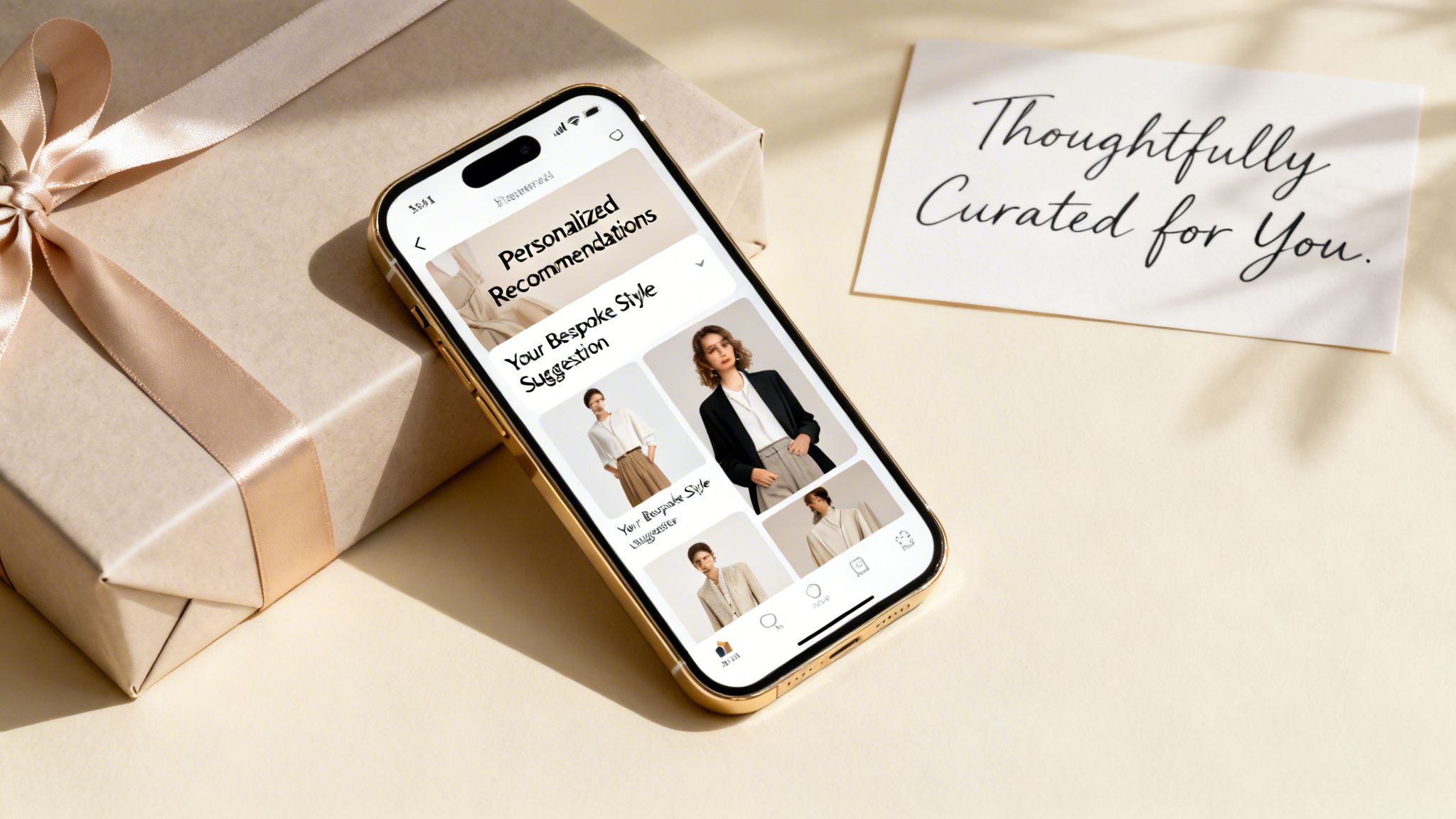 A gold iPhone displays personalized fashion recommendations next to a luxury gift box and a thoughtful note.