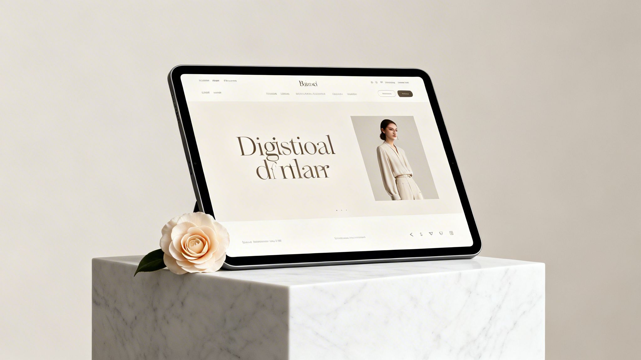 A tablet displays a luxury fashion brand website featuring a model, placed on a white marble cube with a rose.