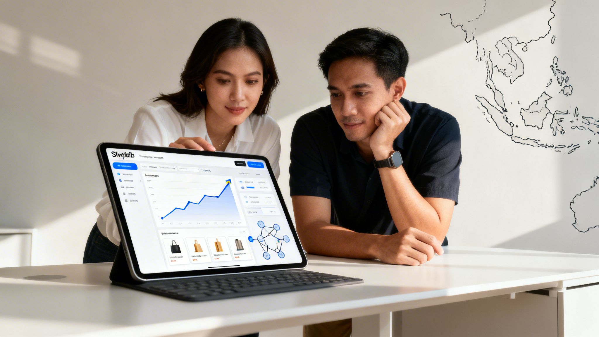Two business people reviewing a rising sales graph and product data on a tablet.