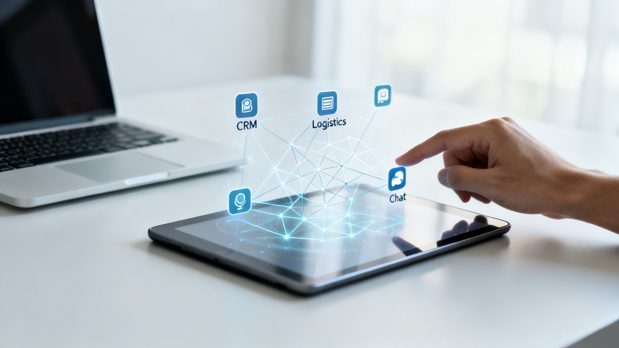 Hand tapping a tablet displaying interconnected business application icons like CRM, Logistics, and Chat.