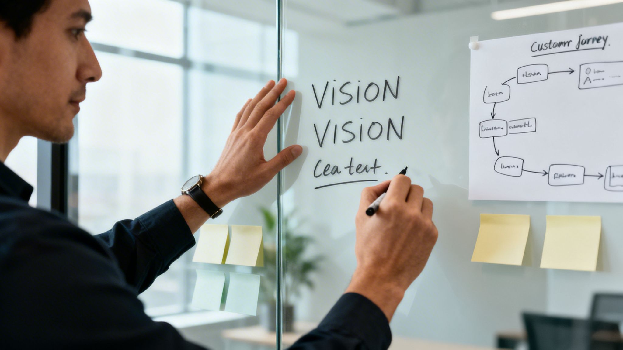 A man writing 'VISION' and 'Context.' on a glass whiteboard during a business meeting.
