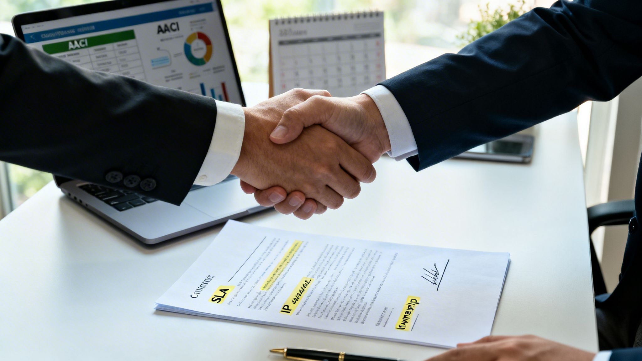 Two business professionals shaking hands over a desk with a laptop and highlighted document, symbolizing agreement.