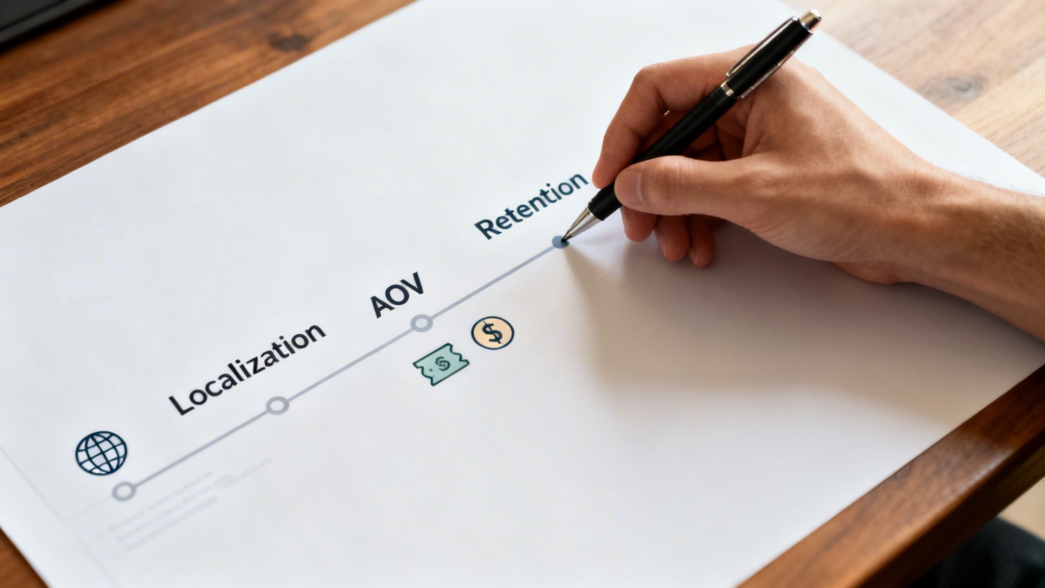 A hand holding a pen marks the “Retention” point on a business strategy timeline with “Localization” and “AOV”.