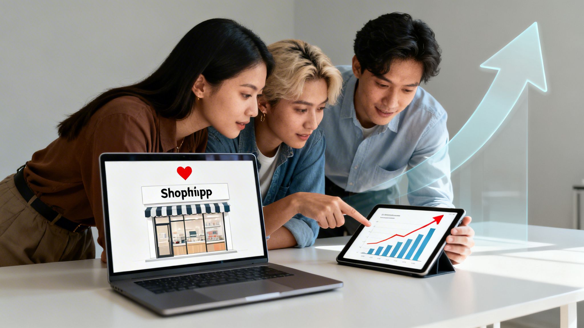 A team collaborating on an ecommerce strategy, viewing sales growth on a tablet and their Shophiipp store on a laptop.