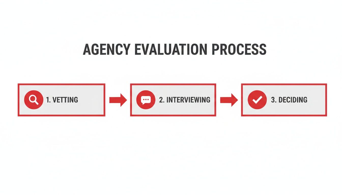 Flowchart illustrating the three steps of the Agency Evaluation Process: Vetting, Interviewing, and Deciding.
