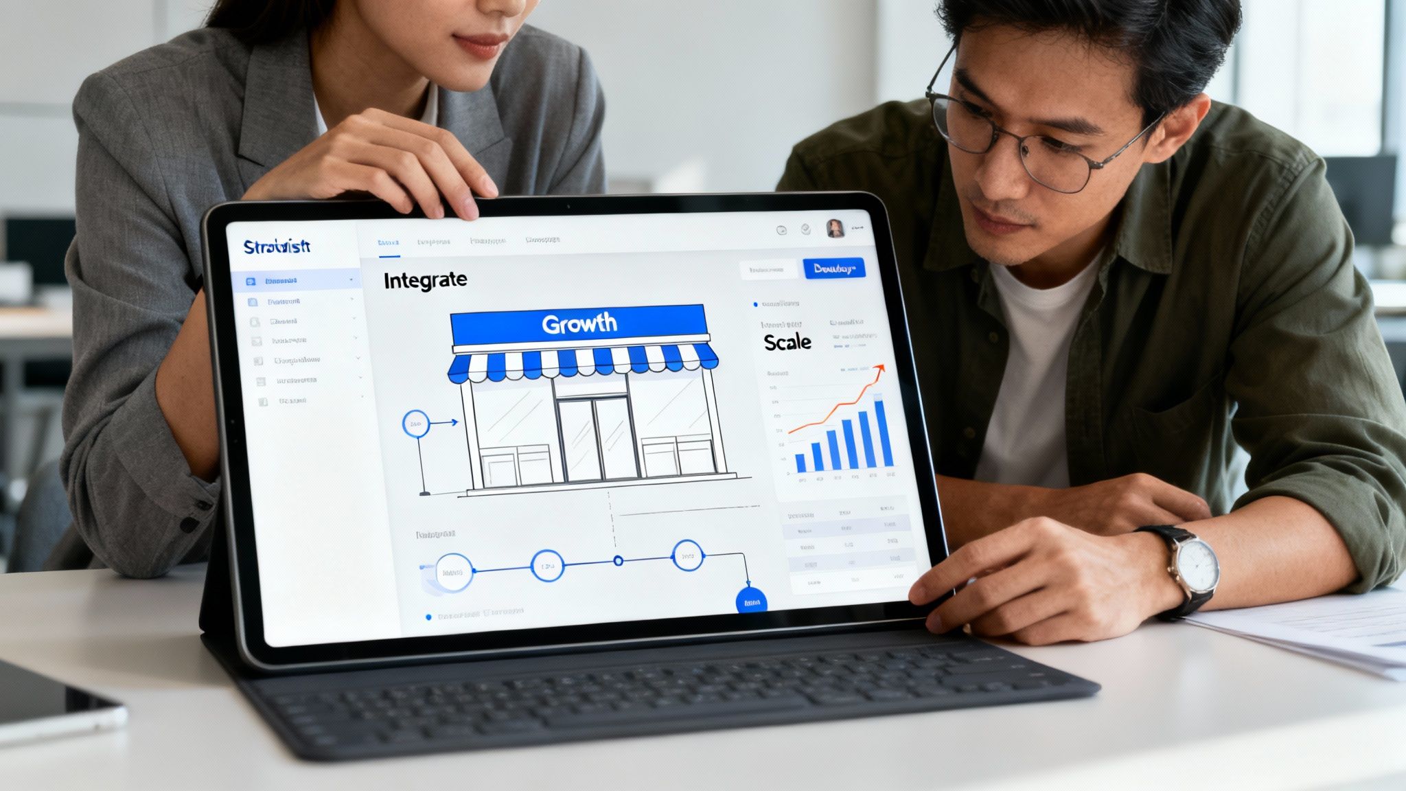 Two people intently analyzing a tablet displaying business growth metrics, charts, and a storefront illustration.