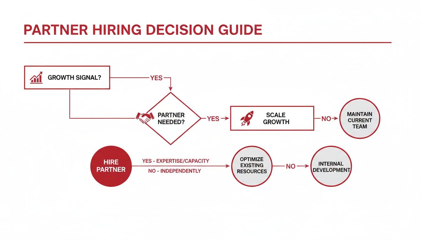 Flowchart outlining a partner hiring decision guide based on growth signals and resource optimization.