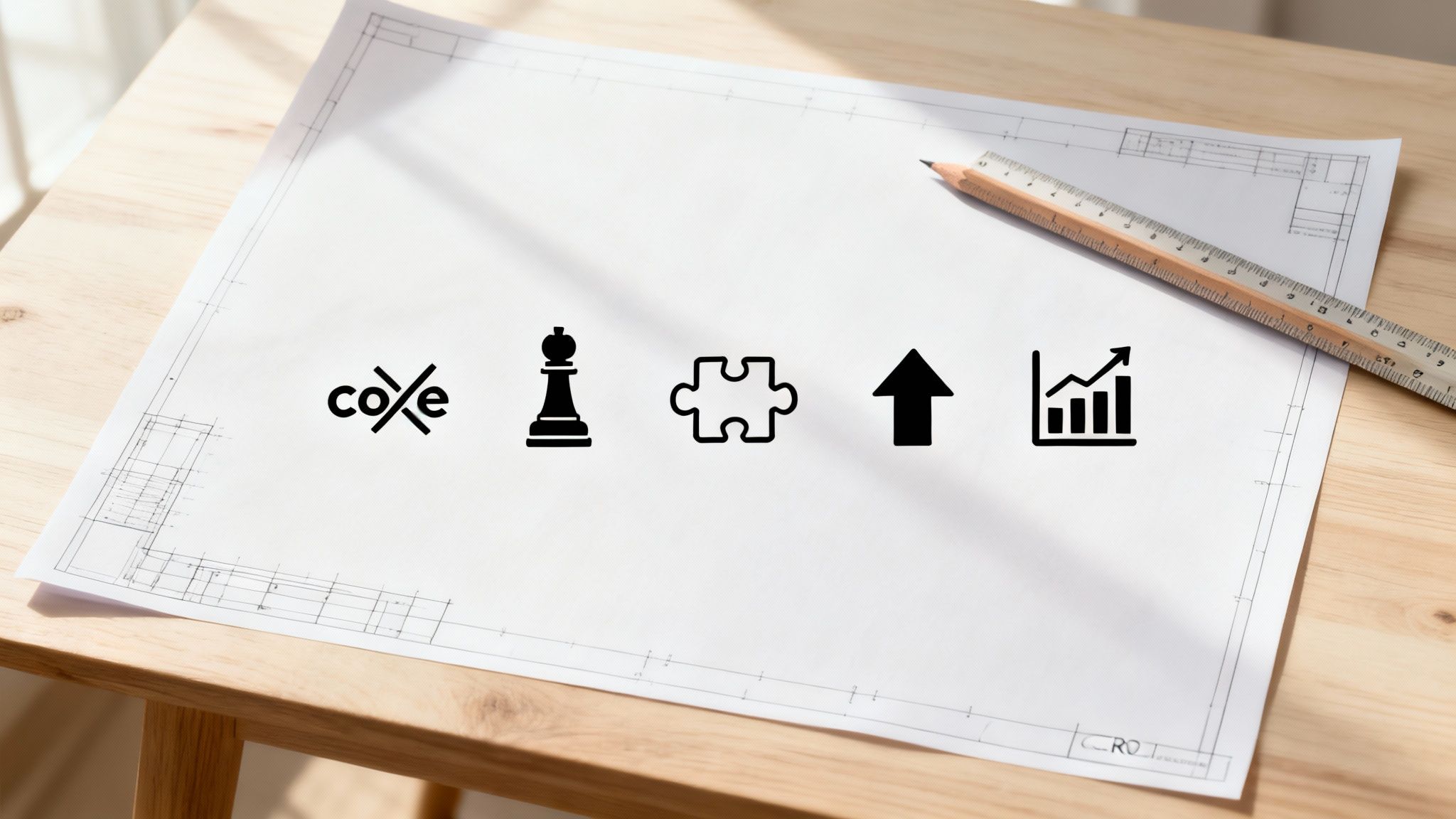 Black icons representing strategy, solutions, and growth on a blueprint with drafting tools.
