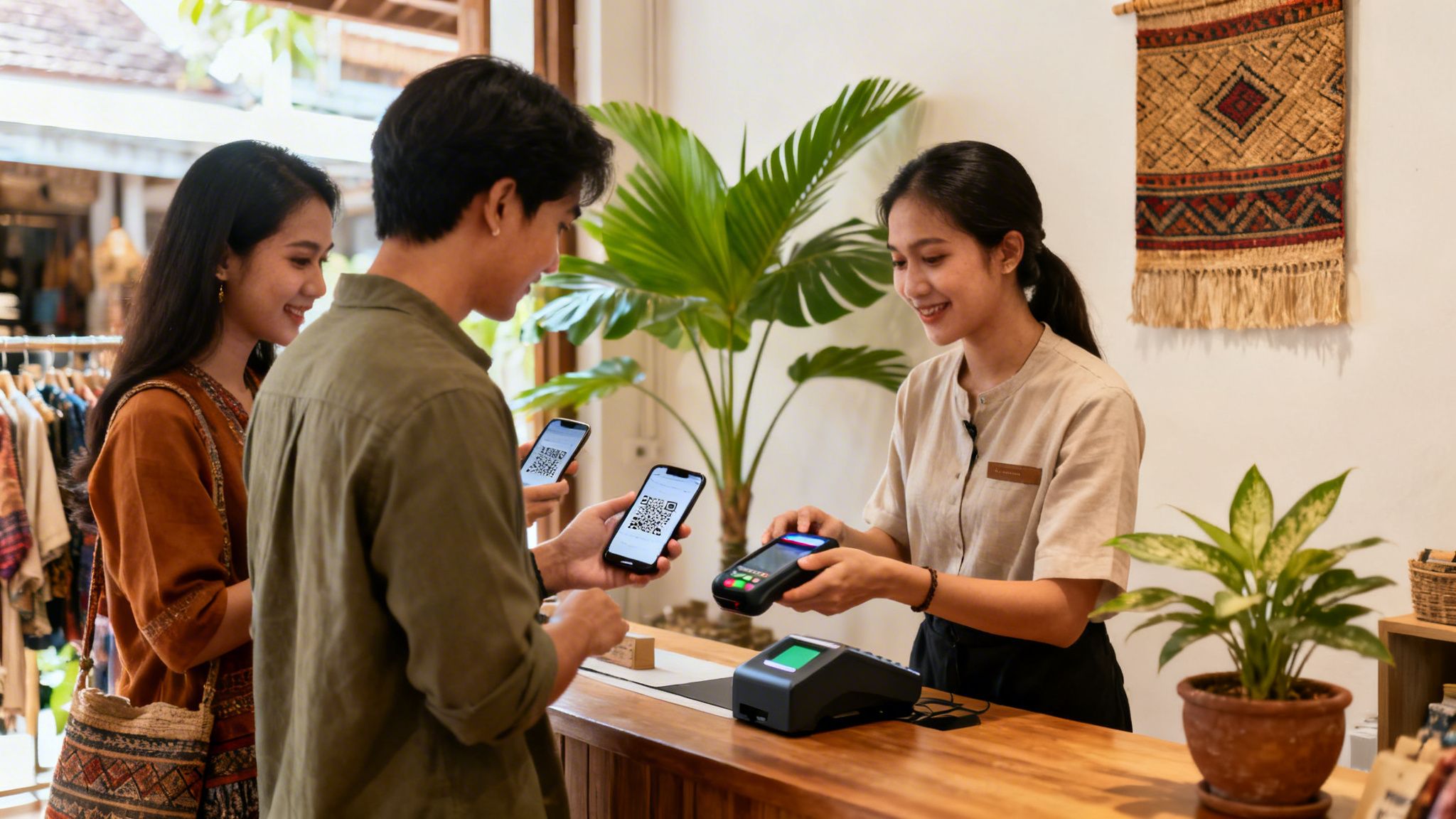 Smiling customers use QR codes on smartphones to pay a cheerful cashier in a boutique shop.