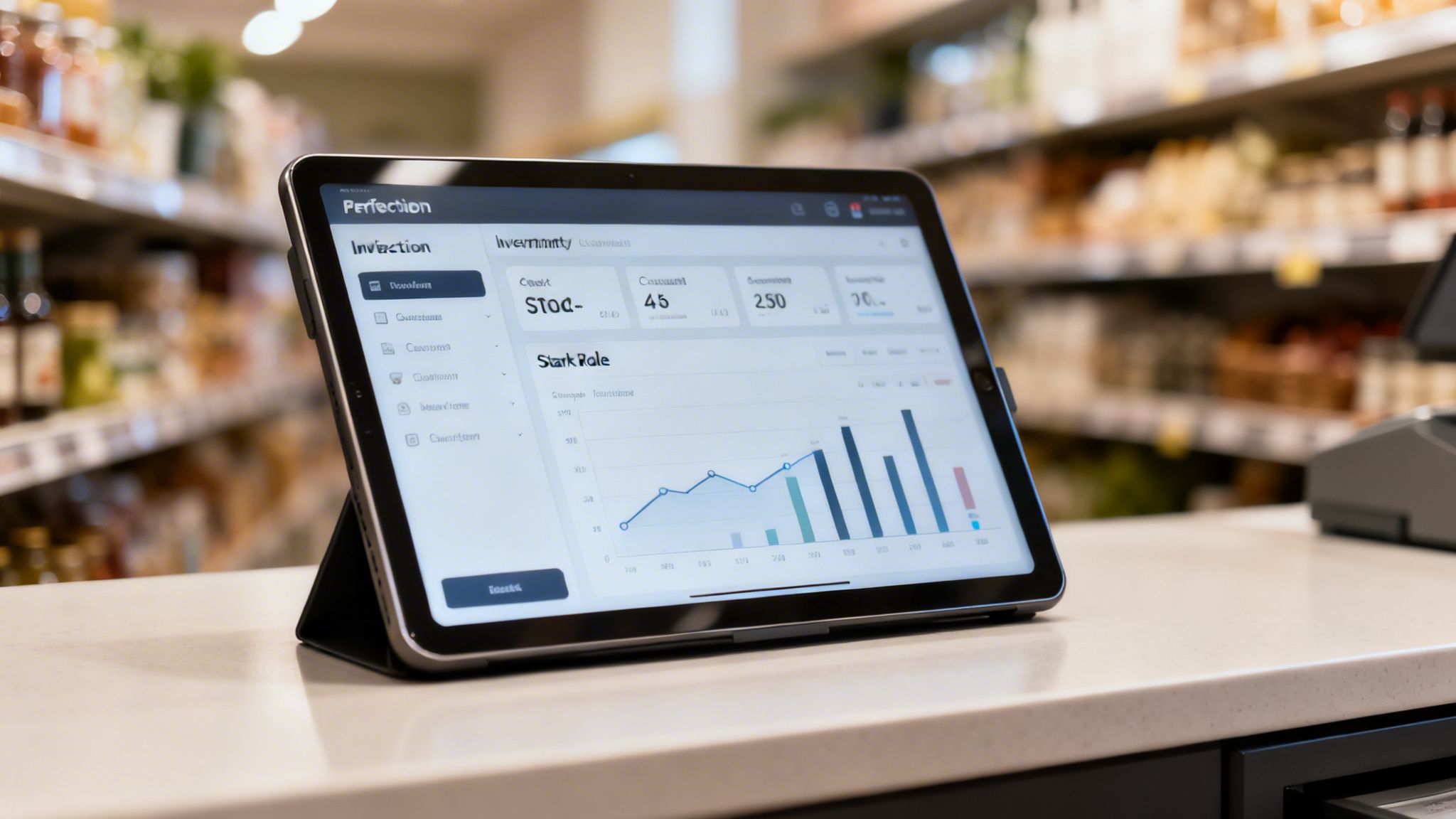 A tablet displays retail inventory and sales data on a counter in a grocery store aisle.