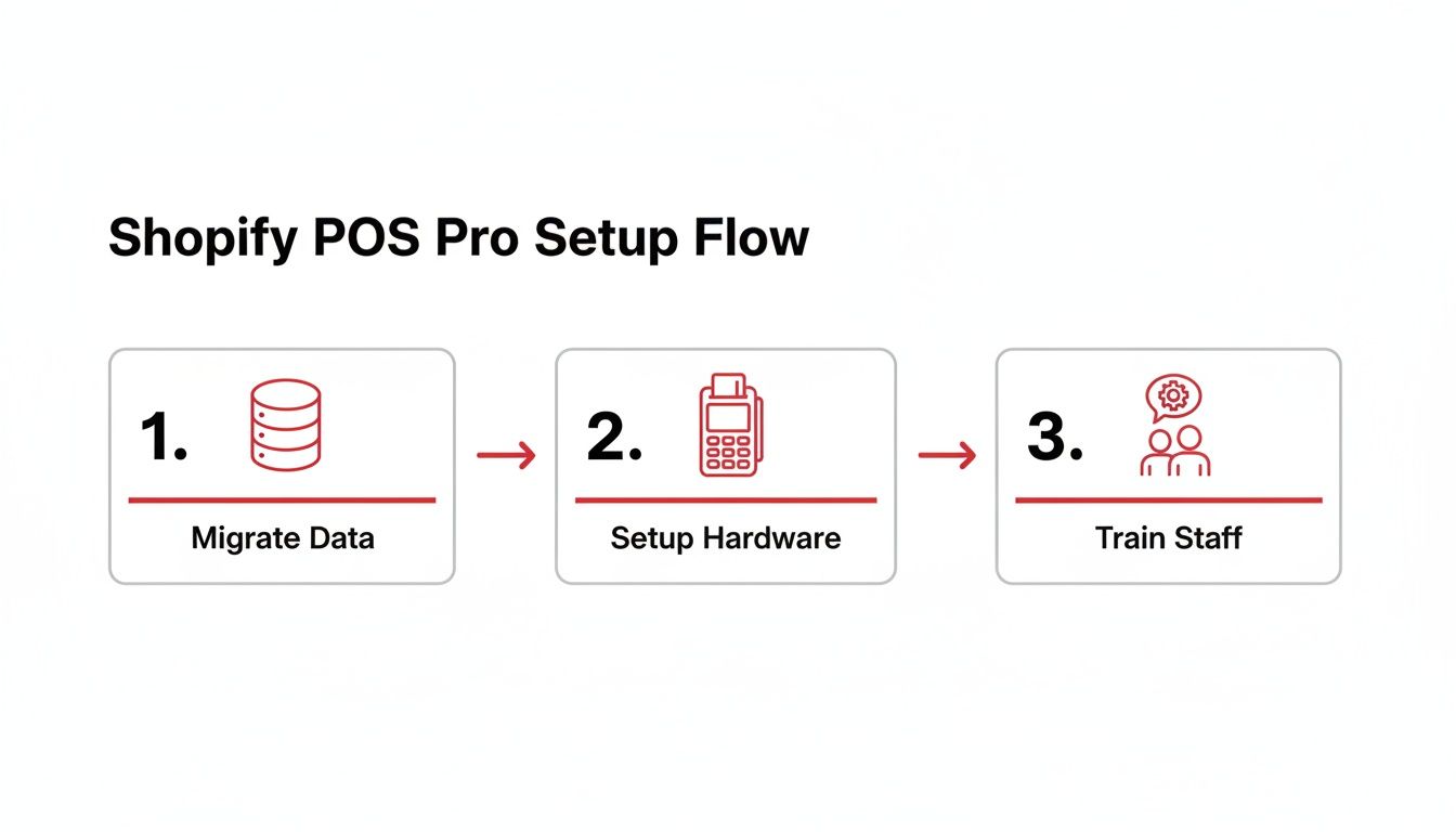 A diagram illustrating the three-step Shopify POS Pro setup flow: Migrate Data, Setup Hardware, and Train Staff.