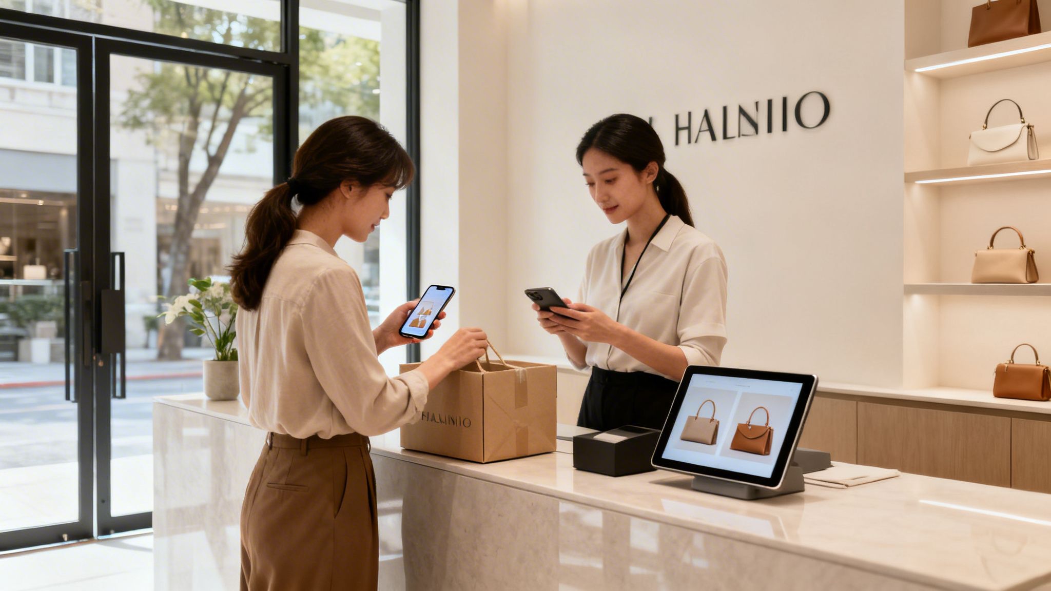 Customer making a mobile payment at a stylish store counter, assisted by an employee.