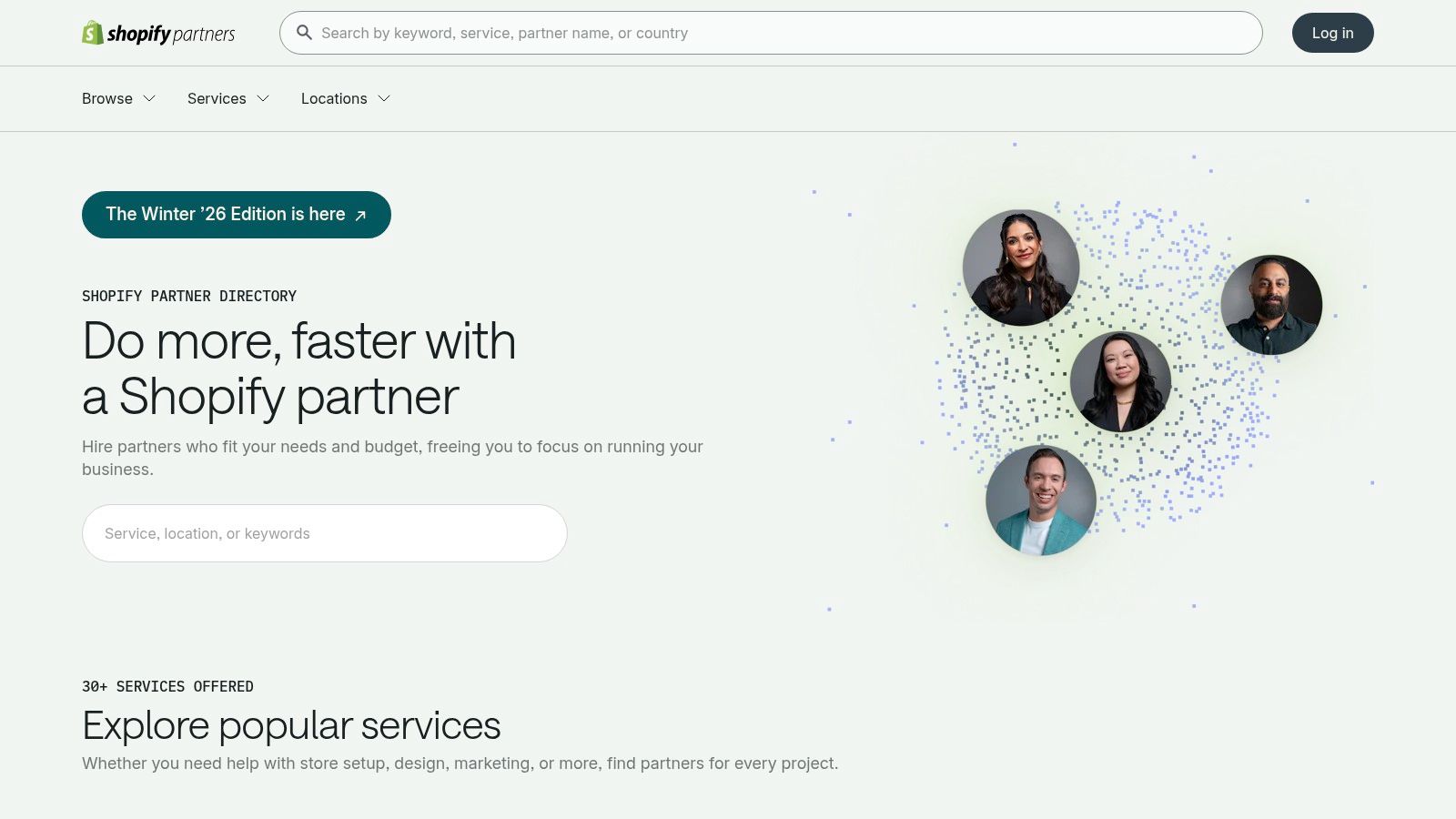 A screenshot of the Shopify Partner Directory interface, showing search filters for services, budget, and location.