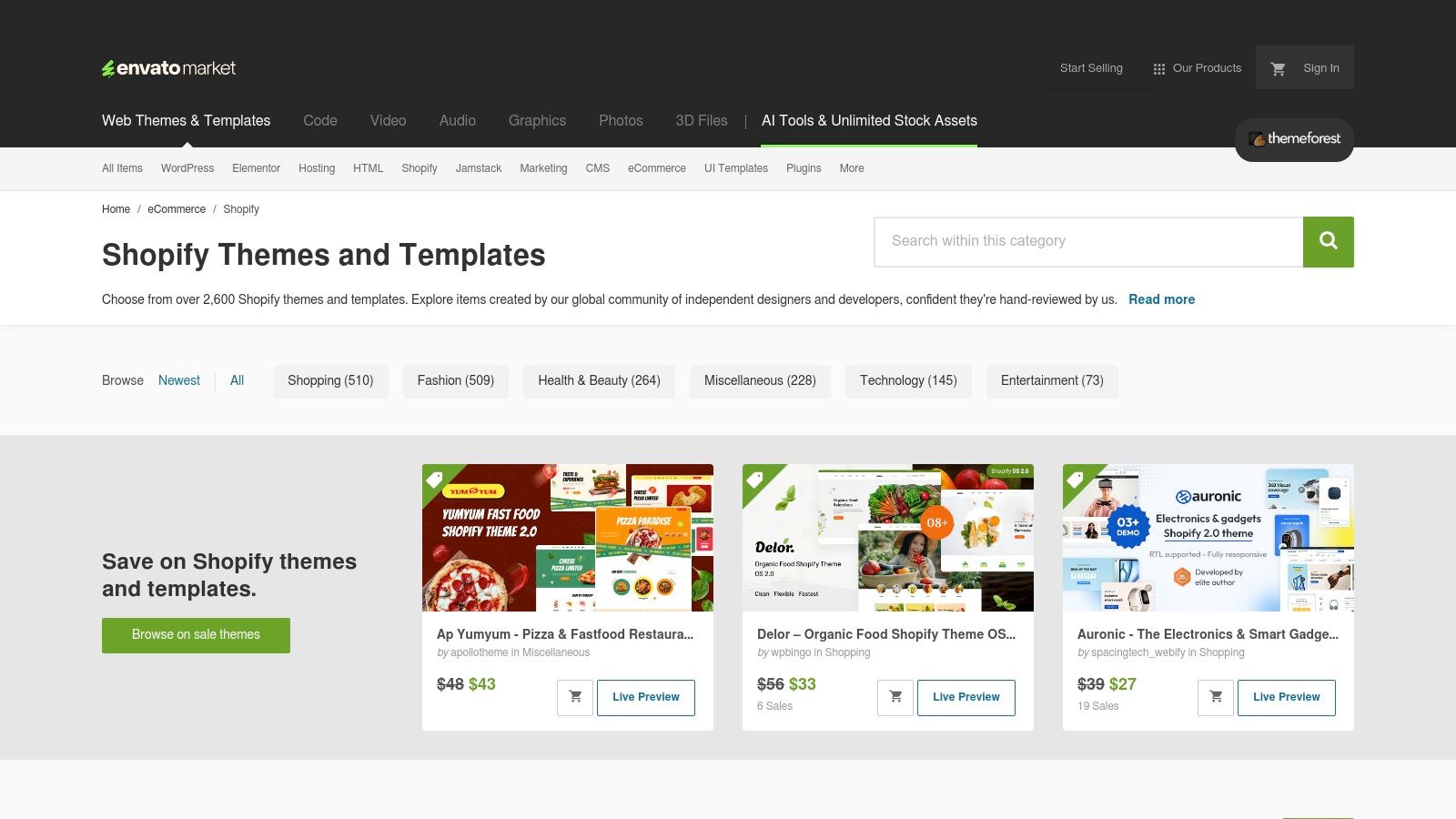 A screenshot of the ThemeForest homepage showcasing a variety of Shopify themes available for purchase.