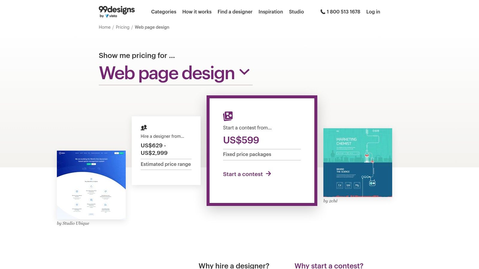 A screenshot of the 99designs by Vista website highlighting its web design contest packages.