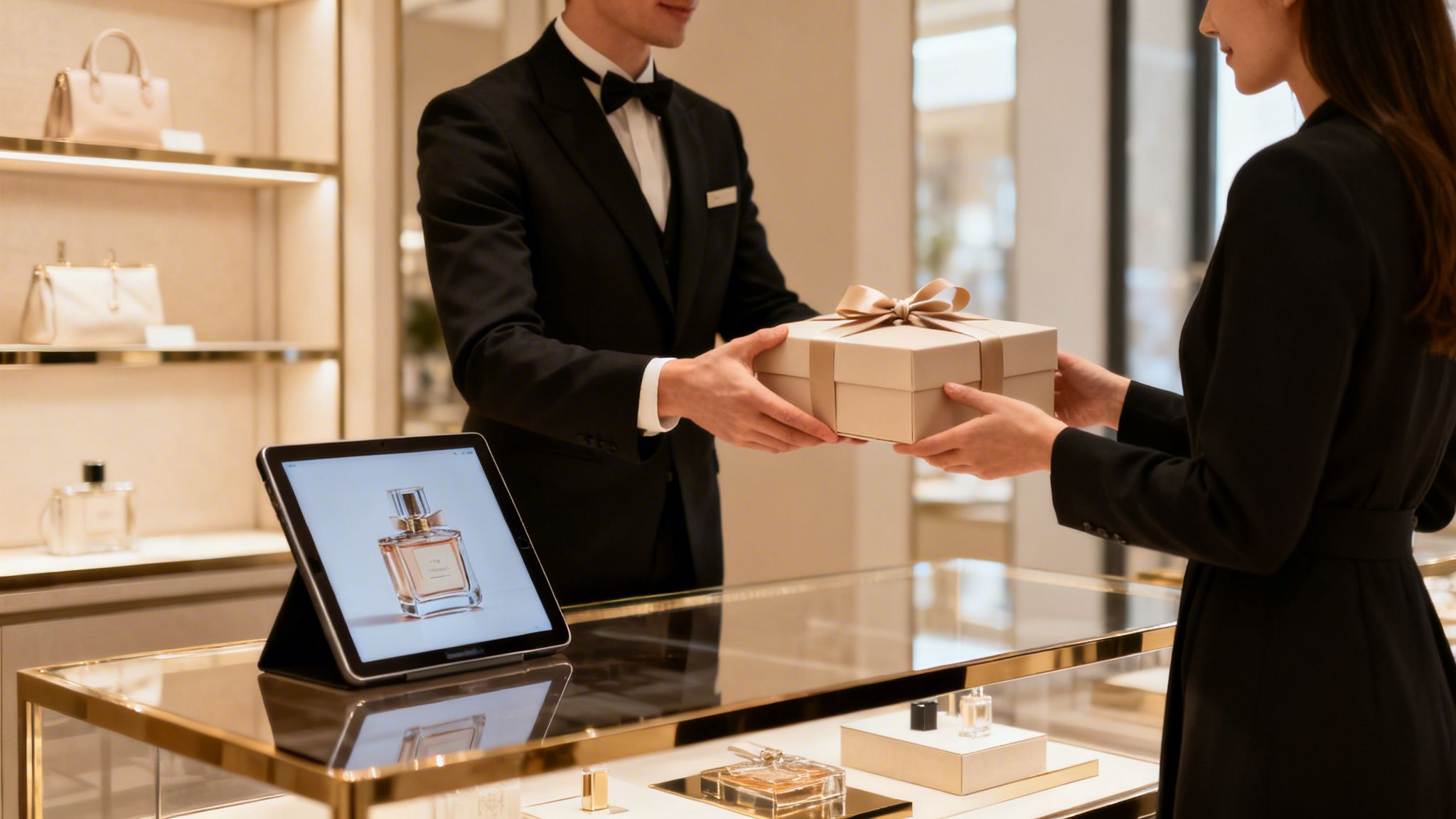 A salesperson hands a beautifully wrapped luxury gift box to a customer in a high-end store.