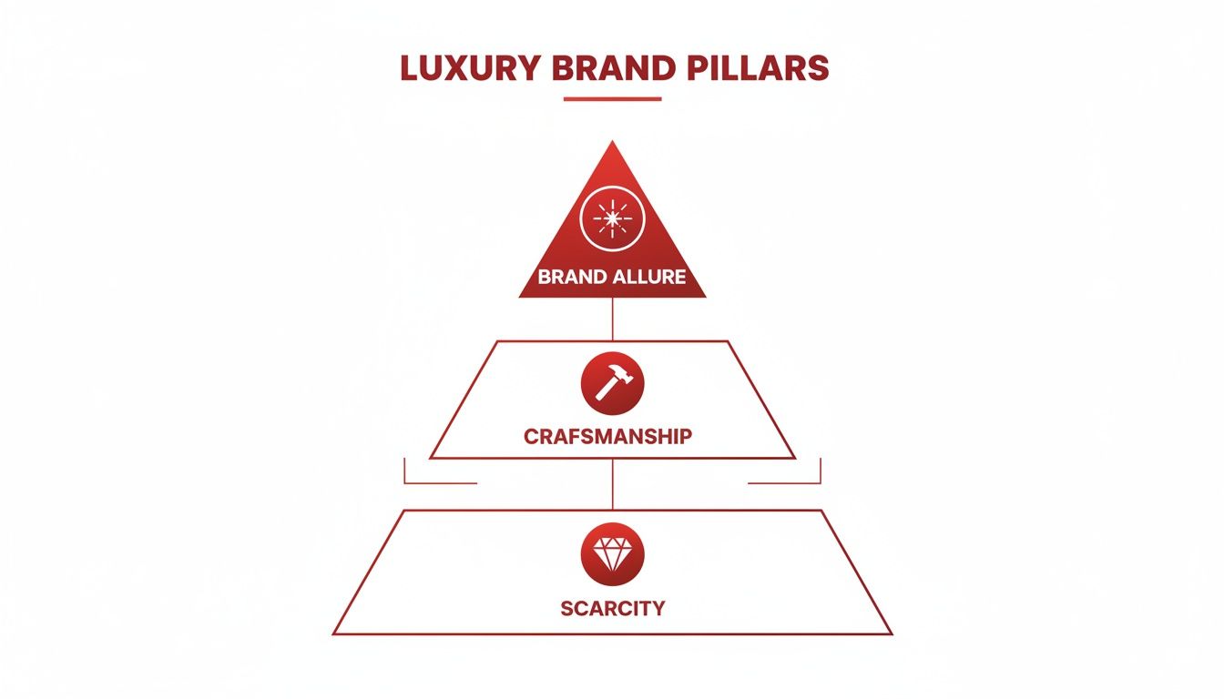 Pyramid diagram illustrating the three luxury brand pillars: brand allure, craftsmanship, and scarcity.