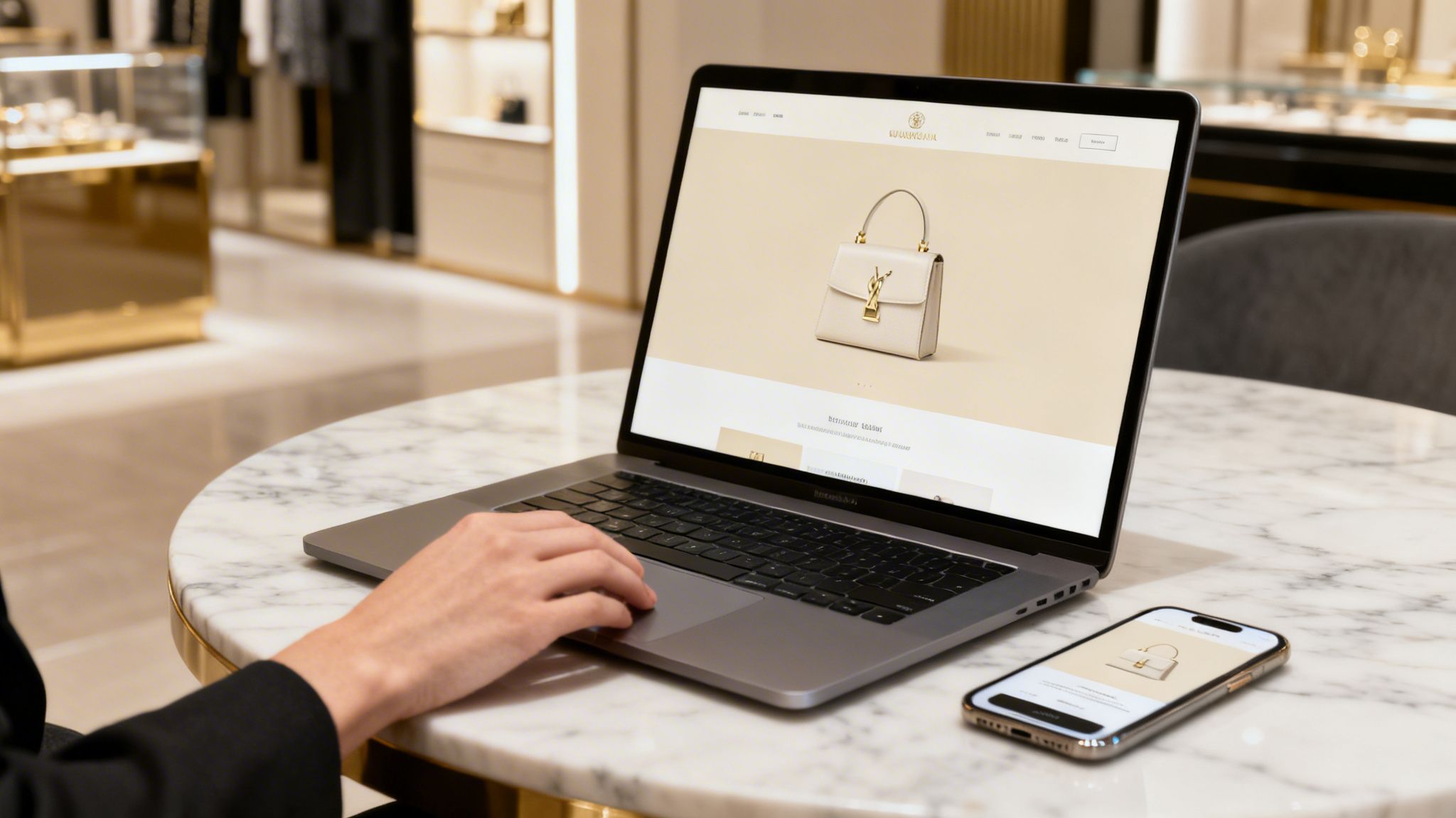 Person browsing a luxury handbag website on a laptop and smartphone in a high-end store.