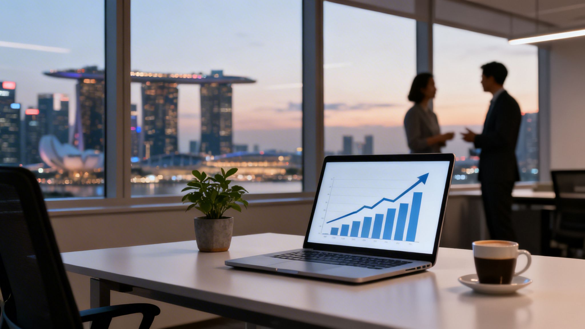Laptop with a growth chart on a desk overlooking the Singapore skyline and business people.