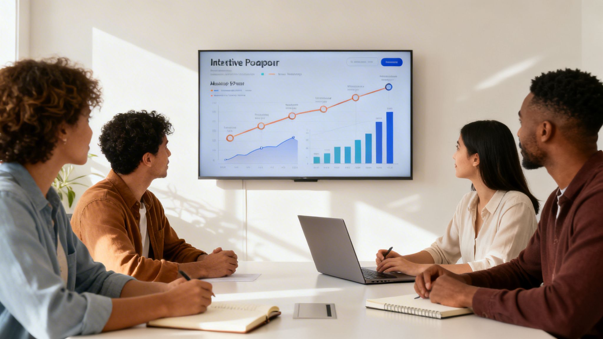 Four diverse professionals collaborate in a meeting room, analyzing data presented on a large screen.