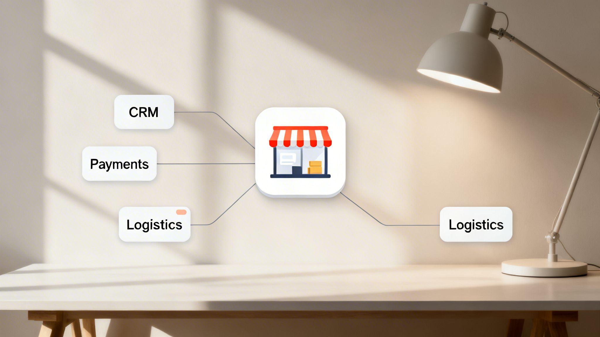 A diagram shows CRM, Payments, and Logistics systems connected to an e-commerce store icon.