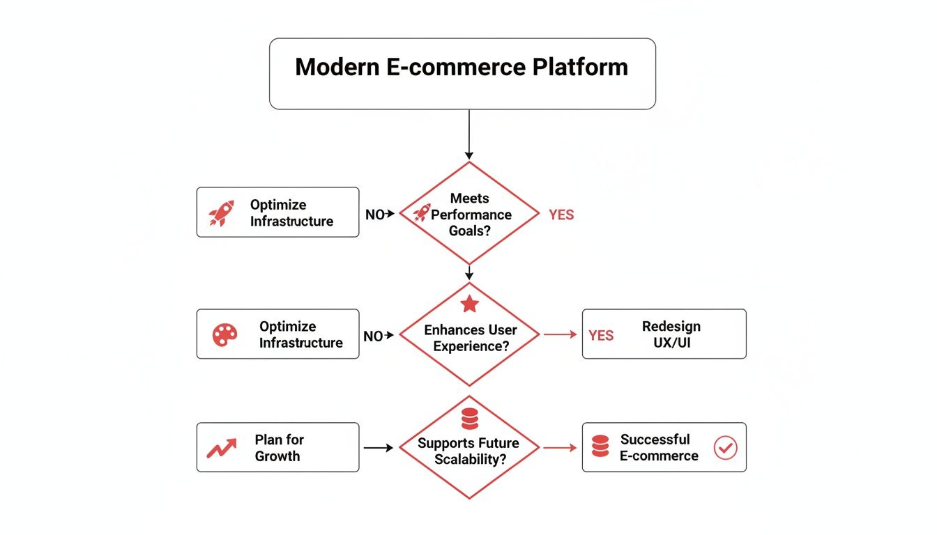 Flowchart demonstrating the development process for a modern e-commerce platform, covering performance, UX, and scalability.