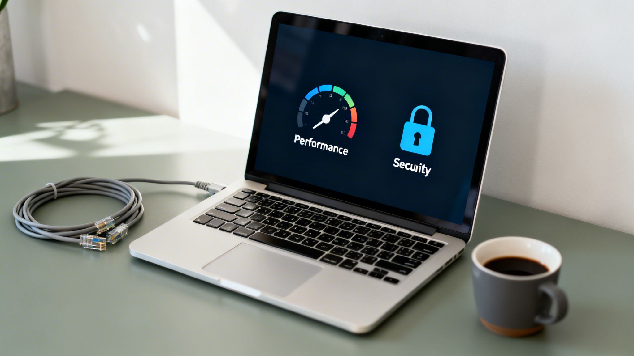 A laptop on a desk showing performance and security metrics, with an ethernet cable and coffee.