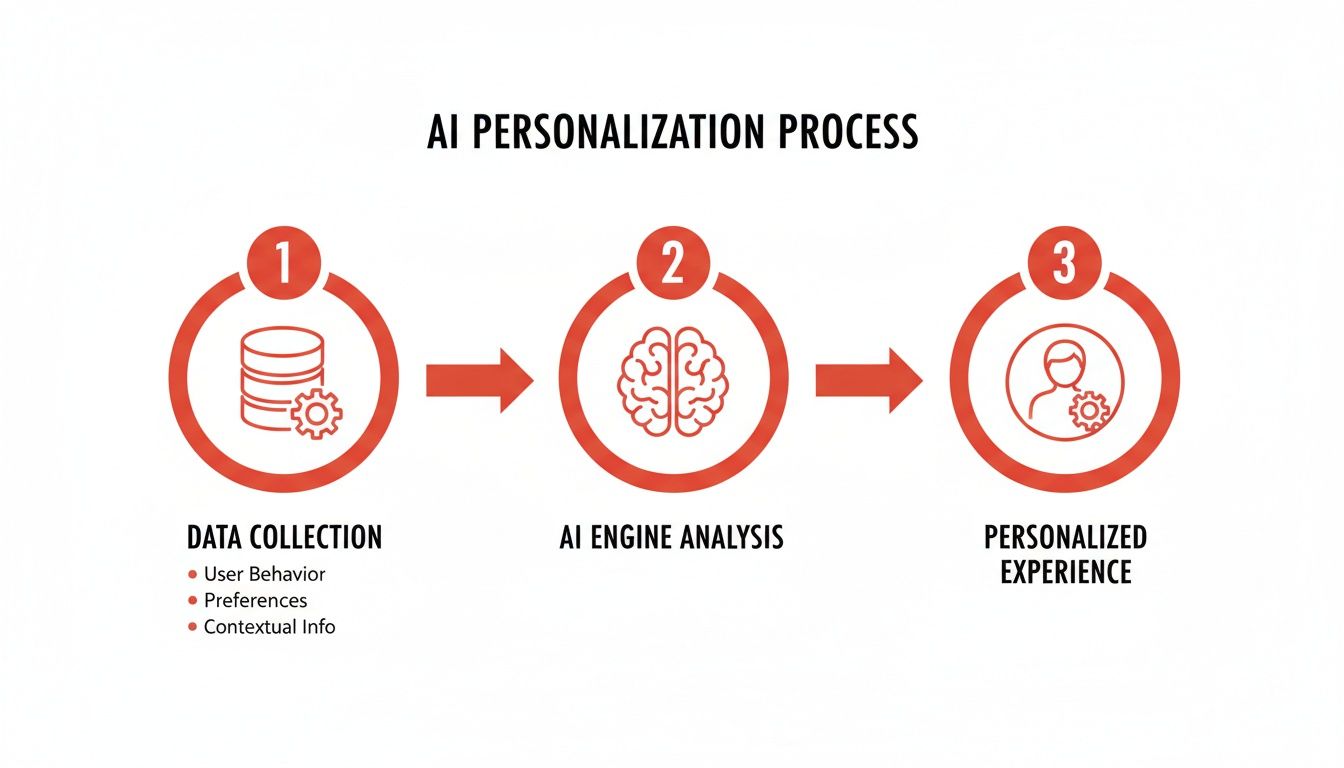 Diagram illustrating the three steps of the AI personalization process: data collection, AI engine analysis, and personalized experience.