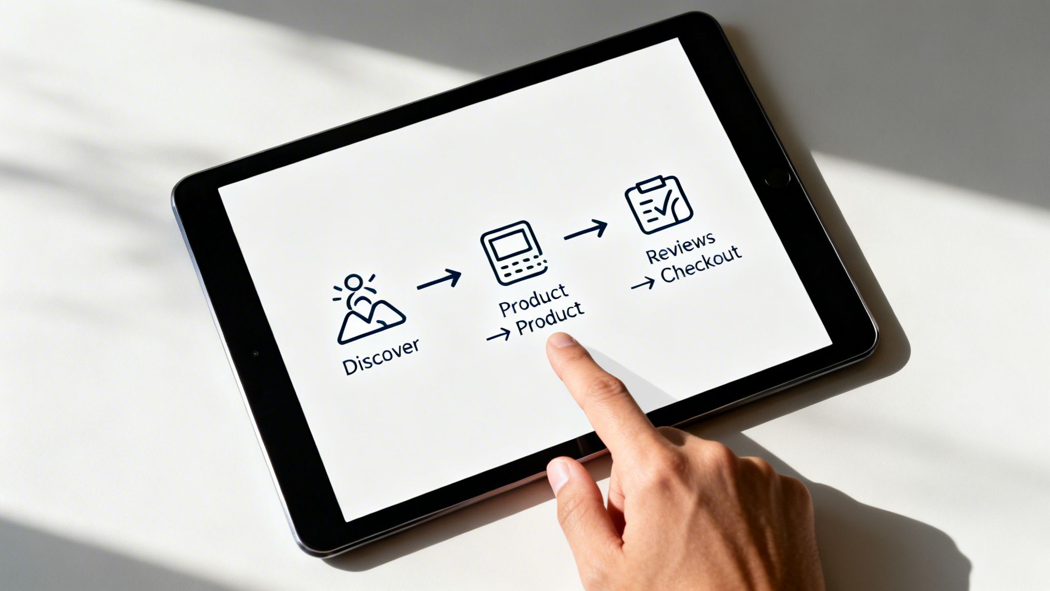 A hand taps a tablet showing a 3-step e-commerce process: Discover, Product, Reviews/Checkout.