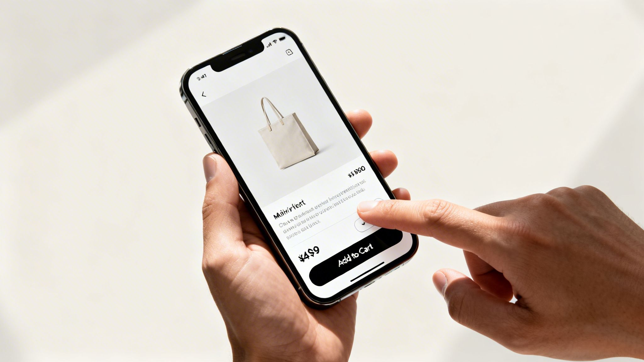 Hands holding an iPhone displaying an e-commerce product page for a beige tote bag.