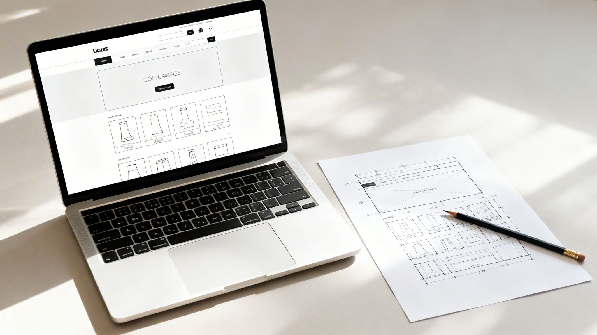 A laptop and paper with wireframes for an e-commerce website design project.