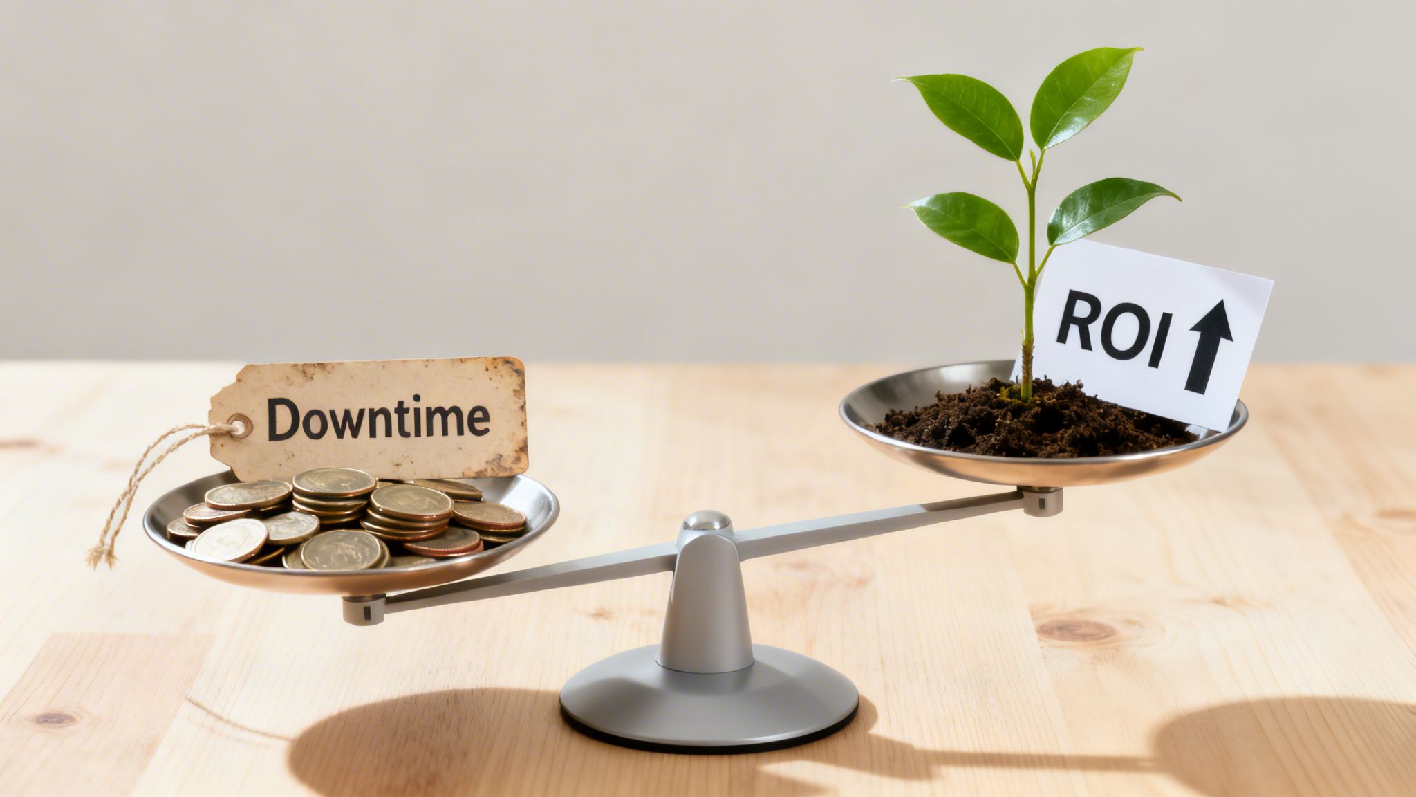 A balance scale shows 'Downtime' coins weighing more than a plant with an 'ROI' sign.